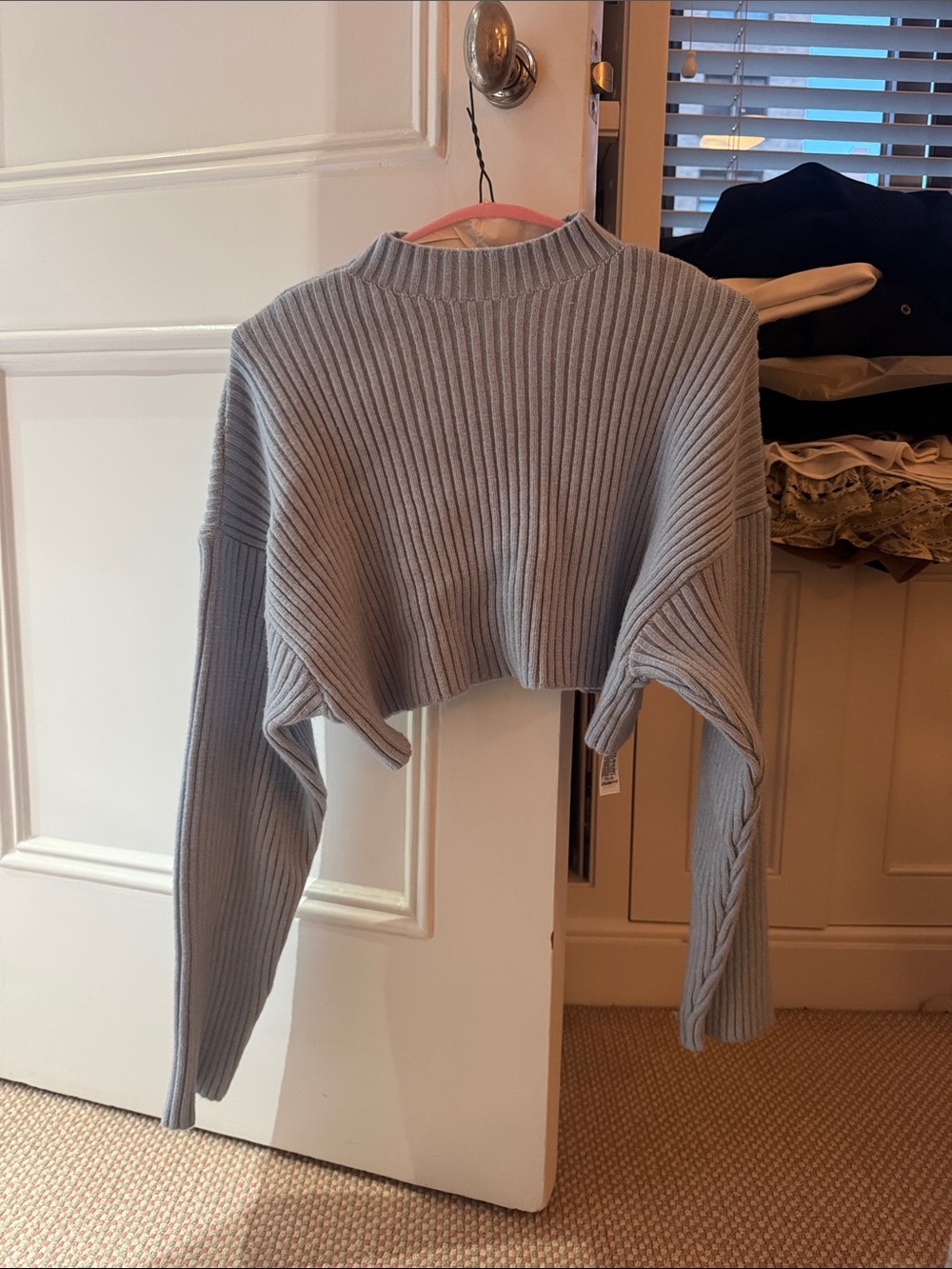 Zara Cropped Ribbed Knit Sweater - Light Blue